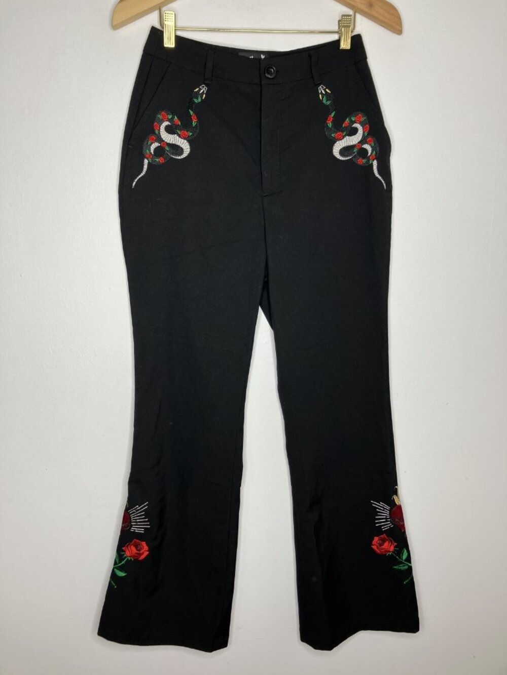 Hell Bunny Women's XS Black Embroidered Snake Rose Sacred Heart Flare Pants